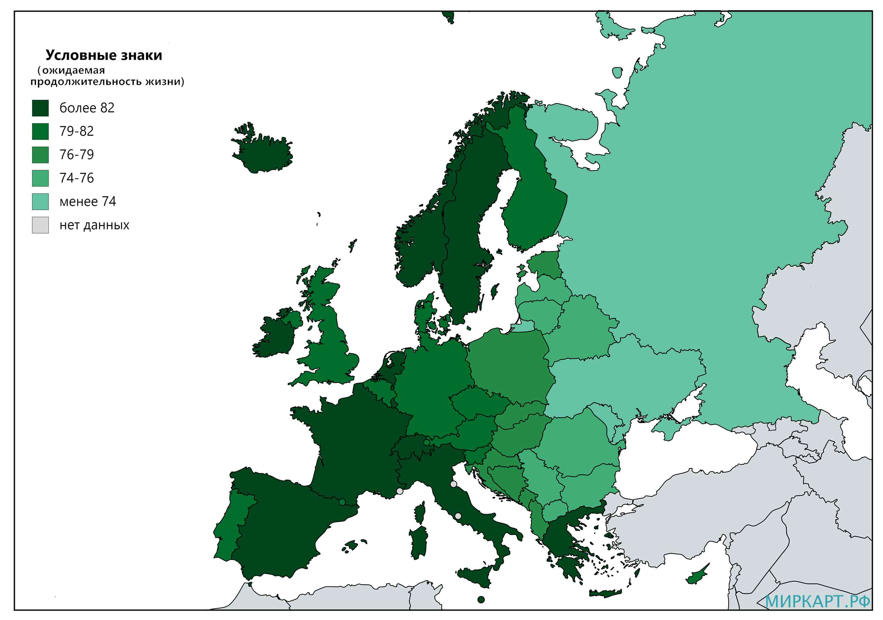 Карта продолжительности жизни в Европе